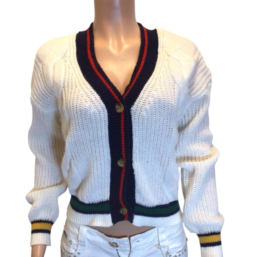 Almost Famous Women’s Cardigan Size L White Cable Knit Preppy Varsity Stripe